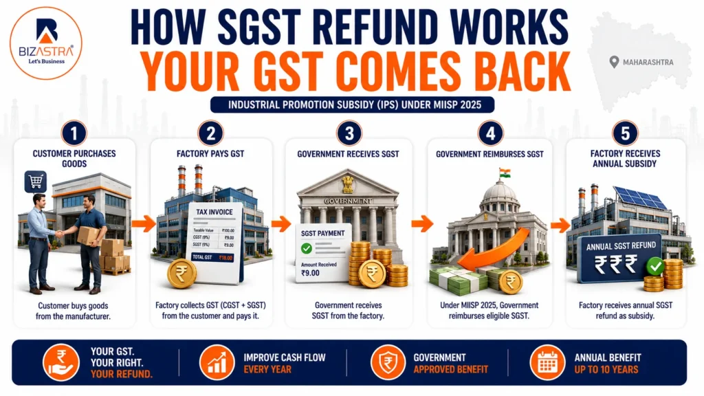 Infographic showing how Industrial Promotion Subsidy returns SGST paid by manufacturers in Maharashtra.