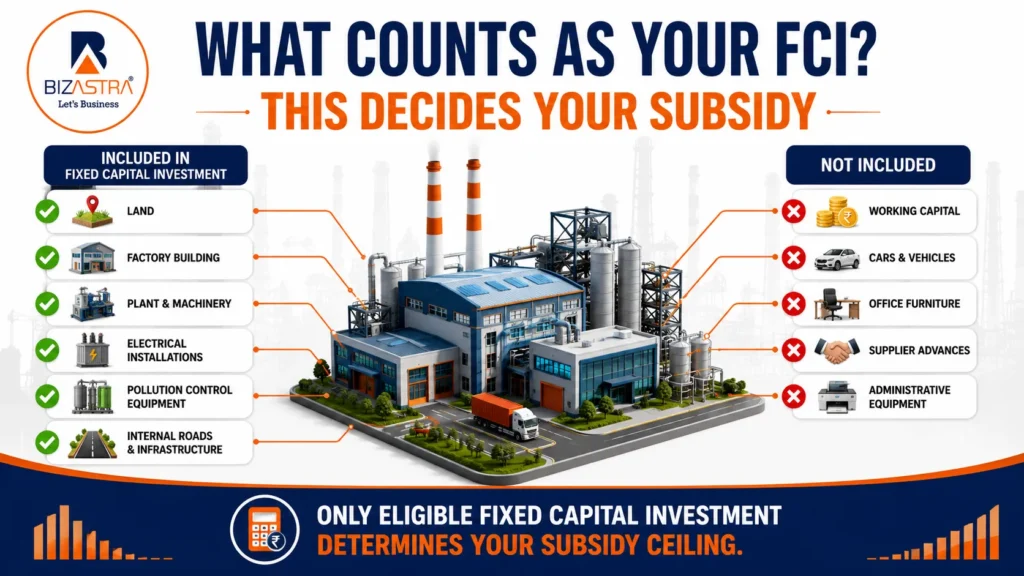 Infographic explaining what counts as Fixed Capital Investment (FCI), including land, factory building, machinery, electrical installations, pollution control equipment, and excluded expenses for Maharashtra factory subsidy calculations.