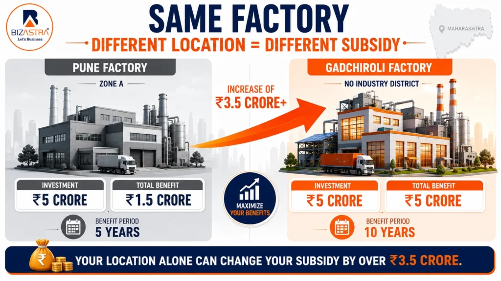 Comparison infographic showing the difference between a ₹5 crore factory in Pune and Gadchiroli under Maharashtra MIISP 2025 subsidy, highlighting location-based incentives.