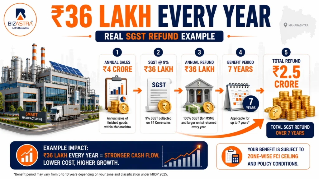 Worked example showing annual SGST reimbursement for a manufacturing factory under Maharashtra MIISP 2025.